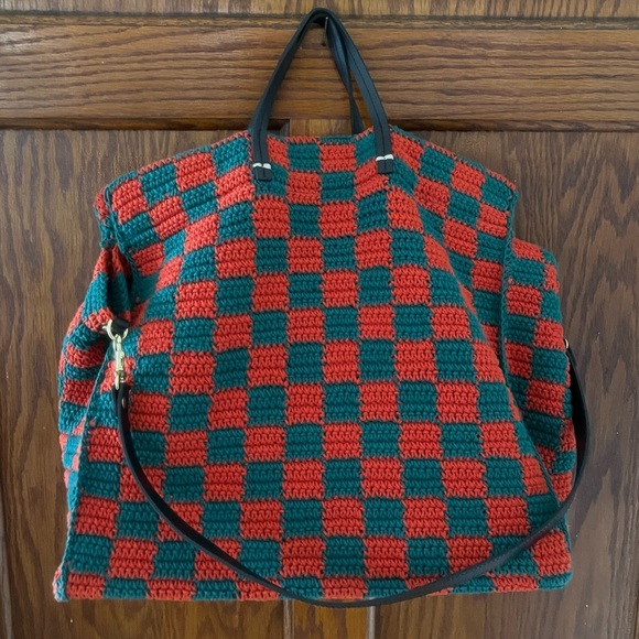 Clare V Red Green Checker Summer Simple Tote Bag Shoulder Strap Like New - Picture 2 of 16